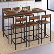 ID MARKET - Ensemble table haute de bar DAYTON 150 cm et 6 tabourets avec dossier effet vieilli design industriel - vignette