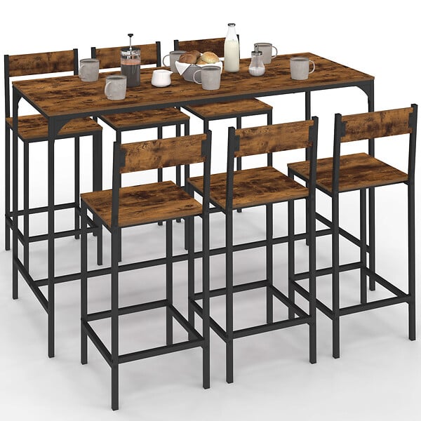 ID MARKET - Ensemble table haute de bar DAYTON 150 cm et 6 tabourets avec dossier effet vieilli design industriel - large