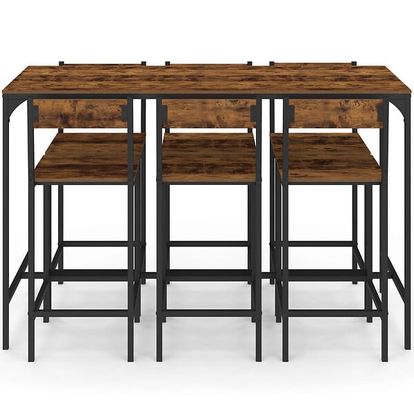 ID MARKET - Ensemble table haute de bar DAYTON 150 cm et 6 tabourets avec dossier effet vieilli design industriel - large