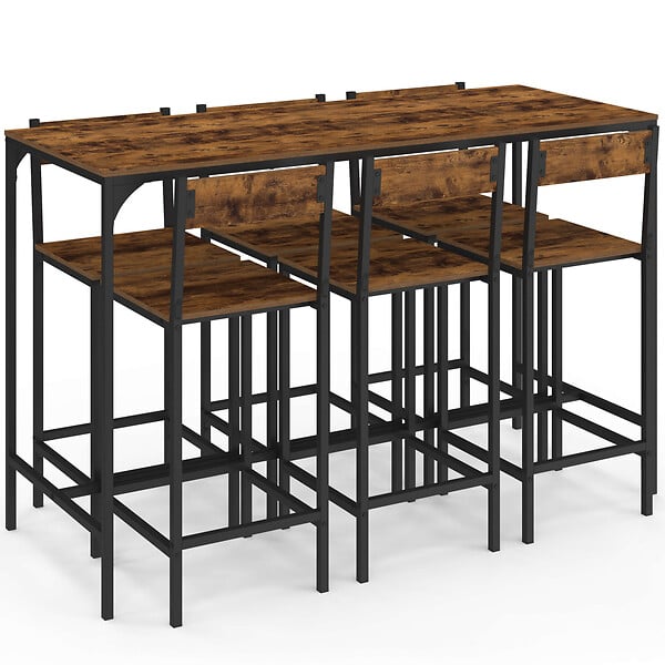 ID MARKET - Ensemble table haute de bar DAYTON 150 cm et 6 tabourets avec dossier effet vieilli design industriel - large