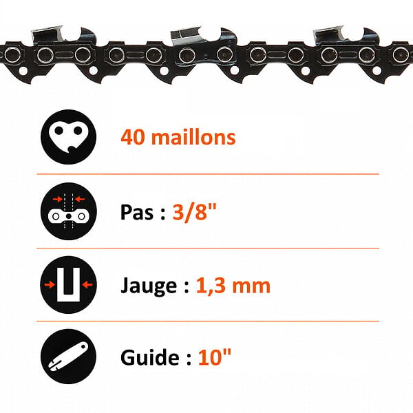 GT GARDEN - Chaîne 40 maillons pour tronçonneuse élagueuse - large