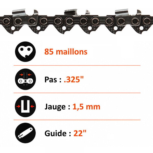 GT GARDEN - Guide 22 pouces (55 cm) avec lot de 3 chaînes 85 maillons pour tronçonneuse - large