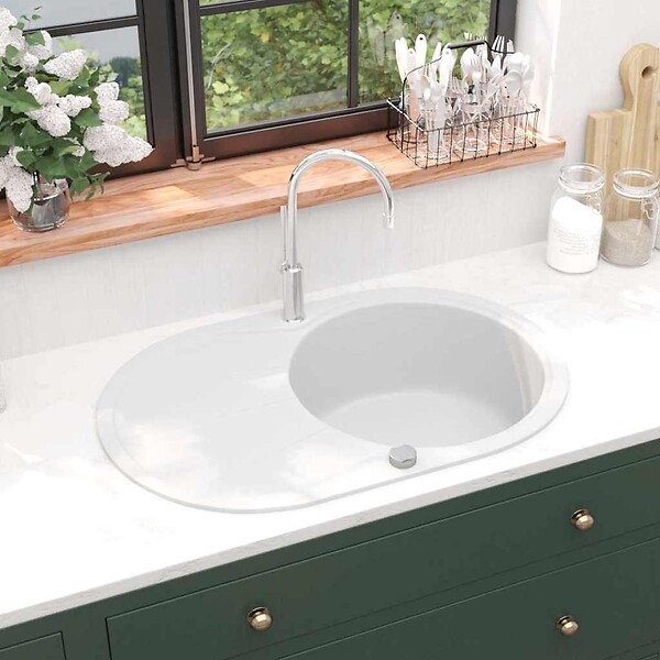 VIDAXL - vidaXL Évier de cuisine Granit Seul lavabo Ovale Blanc - large