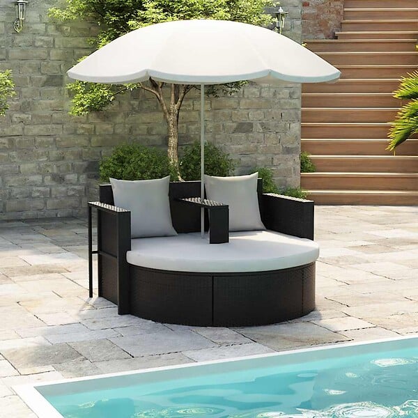 VIDAXL - vidaXL Lit de jardin avec parasol Noir Résine tressée - large