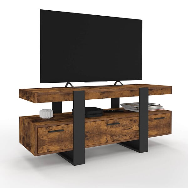 ID MARKET - Meuble TV 116 cm PHOENIX avec tiroirs bois effet vieilli et noir - large