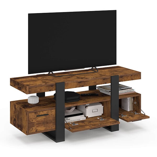 ID MARKET - Meuble TV 116 cm PHOENIX avec tiroirs bois effet vieilli et noir - large