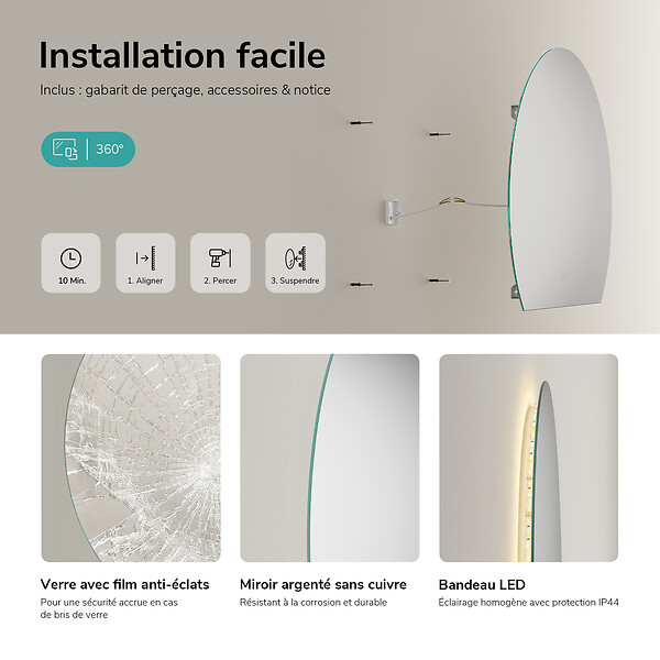 EMKE - EMKE Miroir de Salle de Bain LED Asymétrique 70x62 cm, Anti-buée, Interrupteur Tactile, Couleur et Luminosité Réglables, Mémoire - large