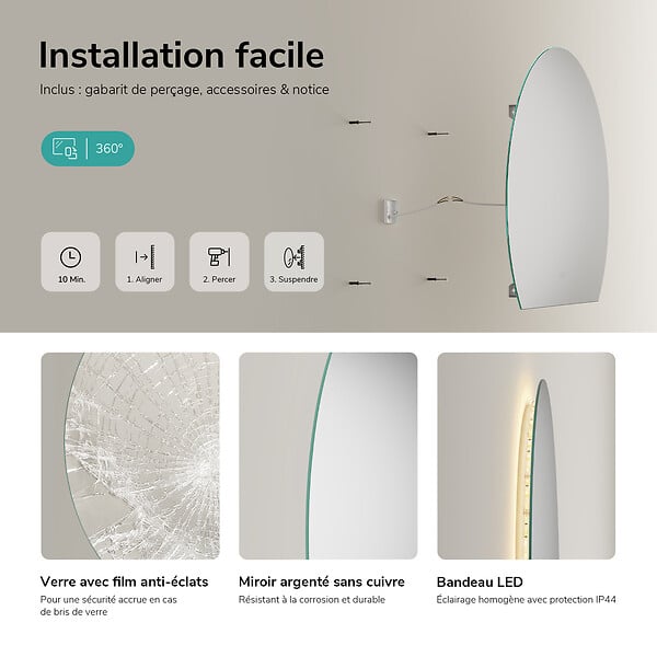 EMKE - EMKE Miroir de Salle de Bain LED Asymétrique 90x73 cm, Anti-buée, Interrupteur Tactile, Couleur et Luminosité Réglables, Mémoire - large