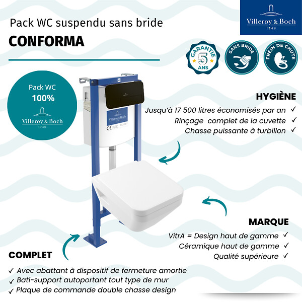 VILLEROY ET BOCH - Pack WC suspendu sans bride Architectura Twistflush [e³] rectangle + bâti-support sol et mur + plaque noir - large