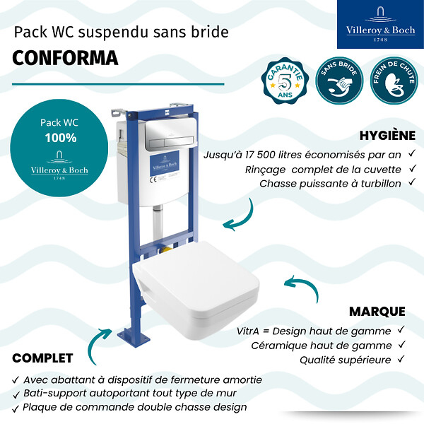 VILLEROY ET BOCH - Pack WC suspendu sans bride Architectura Twistflush [e³] rectangle+bâti-support ViConnect+plaque chrome brillant - large
