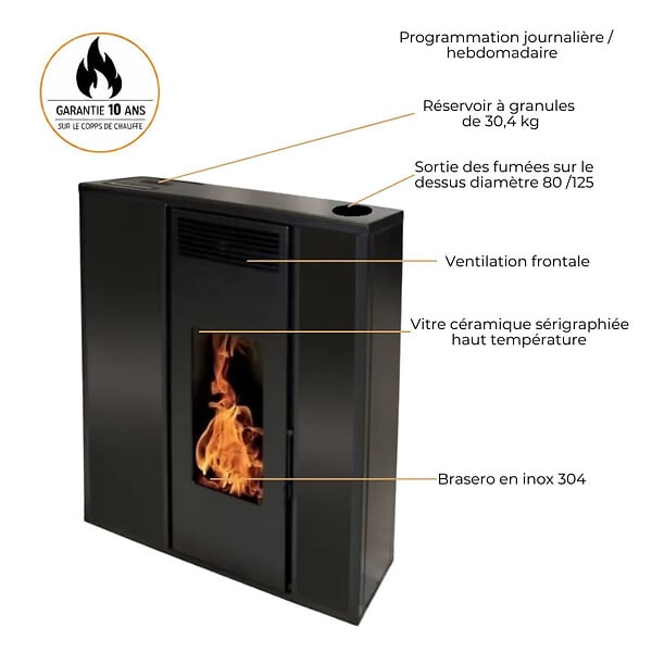 EMAFLAM - Poêle à granulés TESSA 10 kW Etanche Concentrique - - large