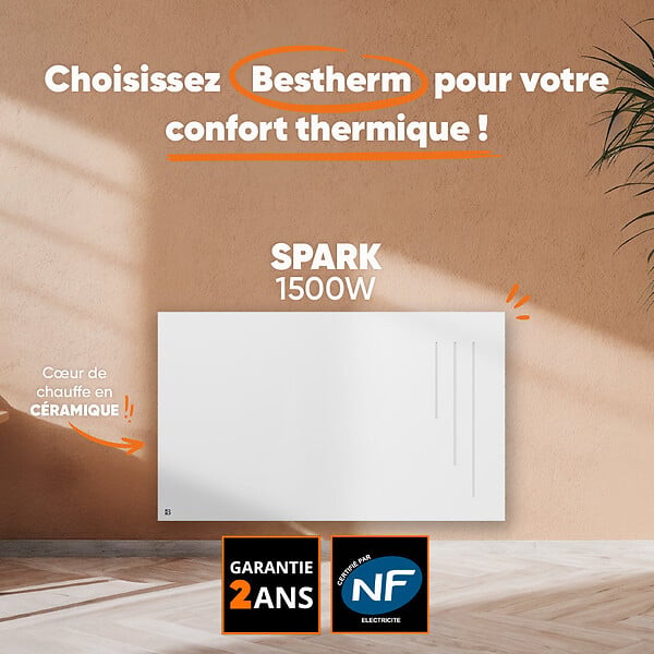 BESTHERM - Radiateur électrique fixe à inertie sèche céramique - BESTHERM - SPARK 1500W - horizontal blanc - NF - large