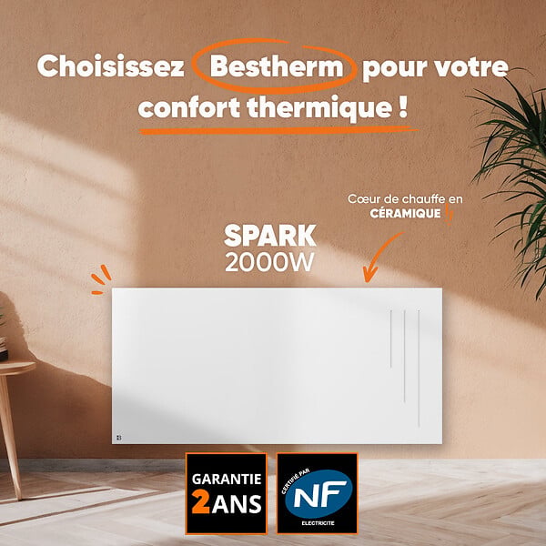 BESTHERM - Radiateur électrique fixe à inertie sèche céramique - BESTHERM - SPARK 2000W - horizontal blanc - NF - large