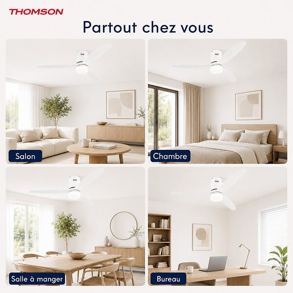 THOMSON - Ventilateur de plafond avec lumière THOMSON SARA avec 3 pales, diamètre de 132 cm et télécommande incluse - large