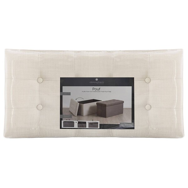 ATMOSPHERA - 2 en 1 Pouf pliant double et coffre de rangement Beige aspect Lin 76 x H 38 cm - large