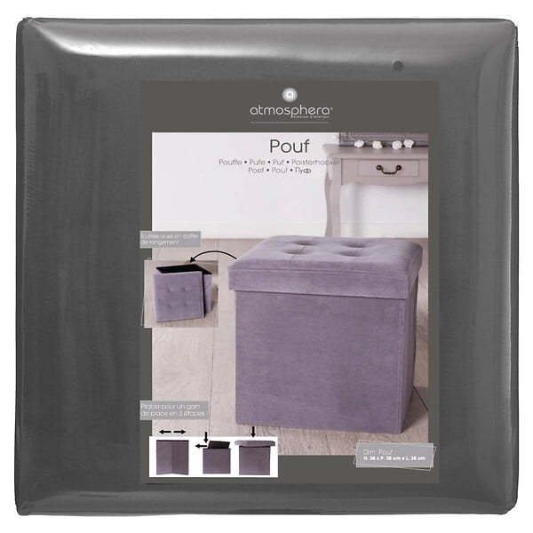 ATMOSPHERA - 2 en 1 Pouf pliant et coffre de rangement Velours Gris  38 x 38 cm - large