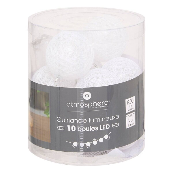 ATMOSPHERA - Guirlande décorative à piles 10 LED Boules en Coton Blanc D 6 x L 165 cm - large