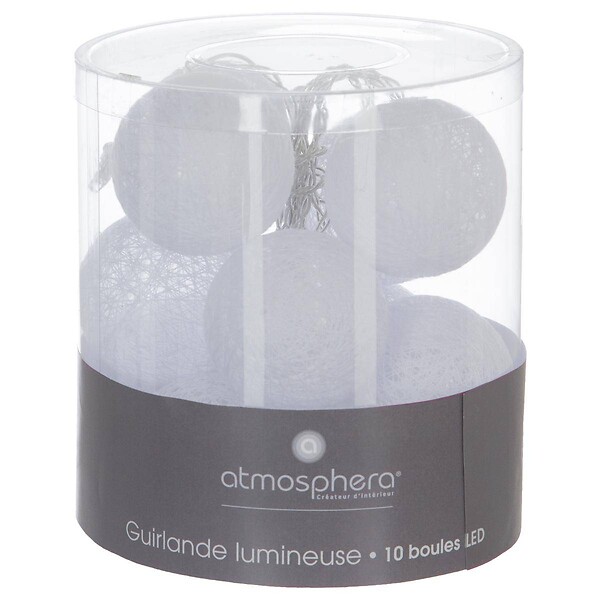 ATMOSPHERA - Guirlande décorative à piles 10 LED Boules en Coton Blanc D 6 x L 165 cm - large