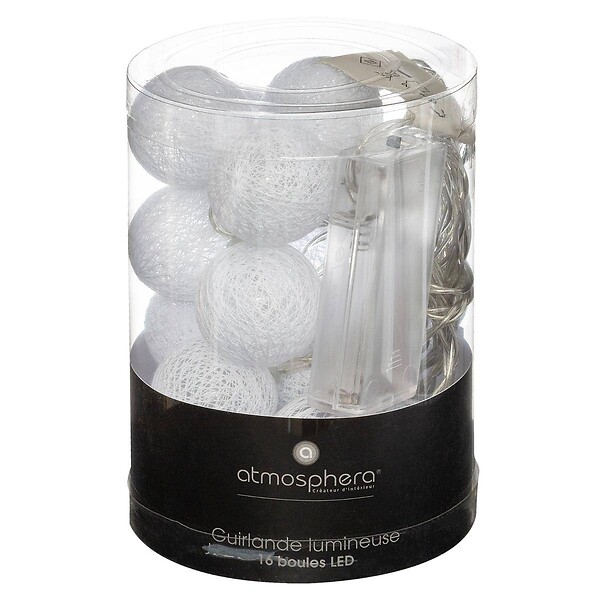 ATMOSPHERA - Guirlande décorative à piles 16 LED Boules en Coton Blanc D 3,5 x L 255 cm - large