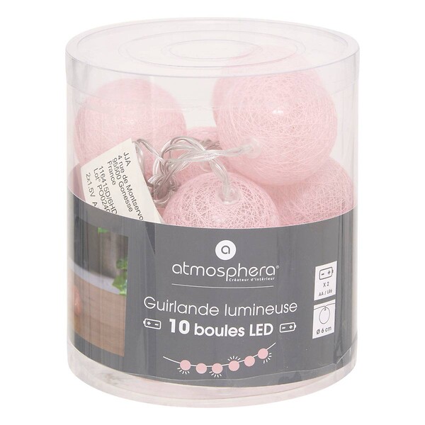 ATMOSPHERA - Guirlande décorative à piles 10 LED Boules en Coton Rose D 6 x L 165 cm - large