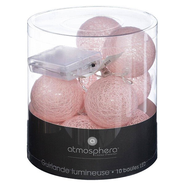 ATMOSPHERA - Guirlande décorative à piles 10 LED Boules en Coton Rose D 6 x L 165 cm - large