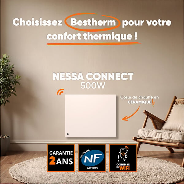 BESTHERM - Radiateur électrique fixe connecté WiFi à inertie sèche céramique - BESTHERM - NESSA CONNECT 500W - horizontal blanc - NF - large