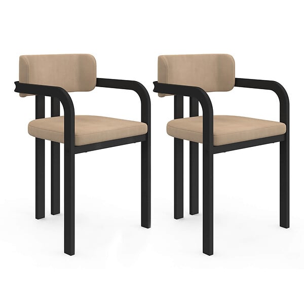 ID MARKET - Lot de 2 chaises de salle à manger, fauteuils de table ESMA en métal noir et velours taupe avec accoudoirs - large