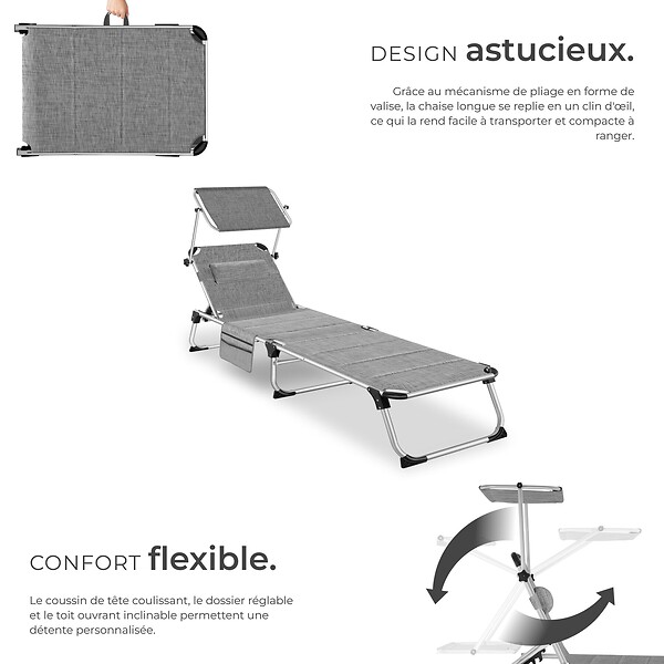 TECTAKE - Chaise longue en aluminium, rembourrée, pliable, dossier réglable en 6 positions, gris tacheté, avec poche latérale - large
