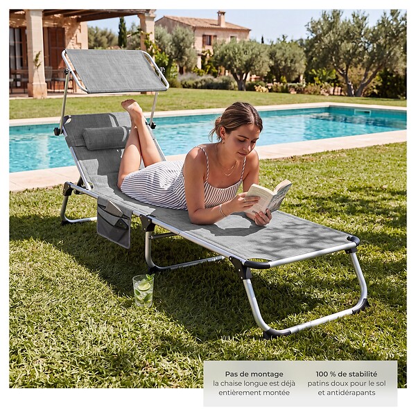 TECTAKE - Chaise longue en aluminium, rembourrée, pliable, dossier réglable en 6 positions, gris tacheté, avec poche latérale - large