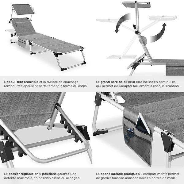 TECTAKE - Chaise longue en aluminium, rembourrée, pliable, dossier réglable en 6 positions, gris tacheté, avec poche latérale - large