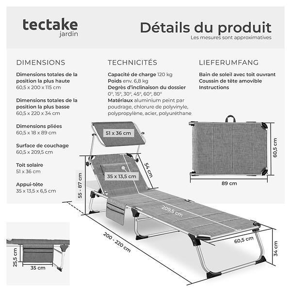 TECTAKE - Chaise longue en aluminium, rembourrée, pliable, dossier réglable en 6 positions, gris tacheté, avec poche latérale - large