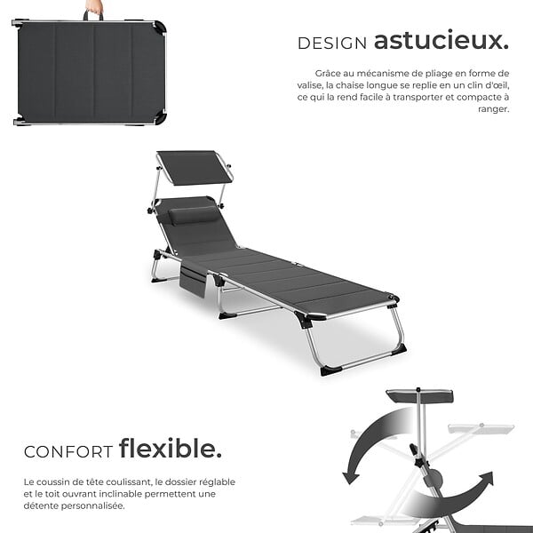 TECTAKE - Chaise longue en aluminium rembourrée pliable avec l'accent dossier réglable en 6 positions et poche latérale gris - large