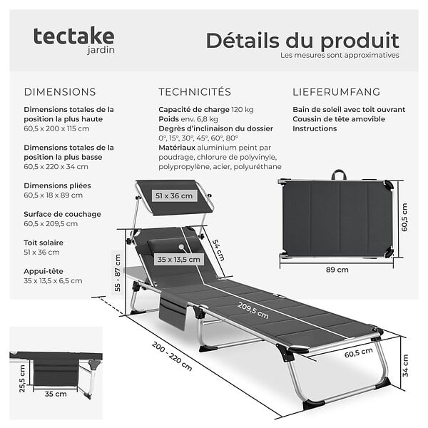 TECTAKE - Chaise longue en aluminium rembourrée pliable avec l'accent dossier réglable en 6 positions et poche latérale gris - large