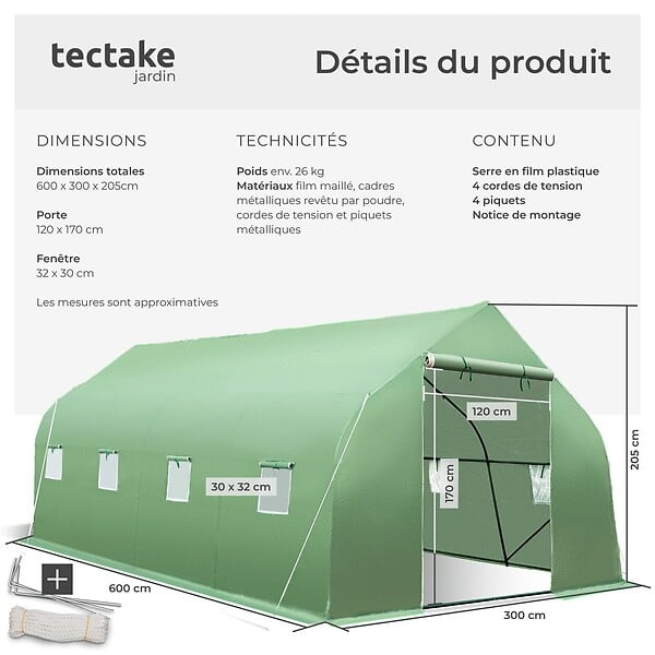 TECTAKE - Serre tunnel 18 m² 600x300x205cm vert - large