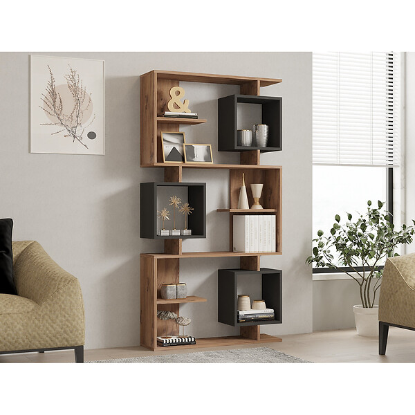 CONCEPT USINE - Bibliothèque design asymétrique 172cm effet bois et gris anthracite NALY - large