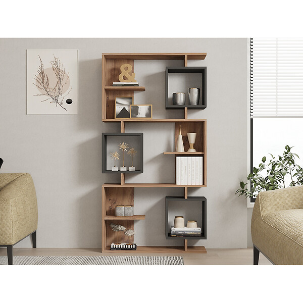 CONCEPT USINE - Bibliothèque design asymétrique 172cm effet bois et gris anthracite NALY - large