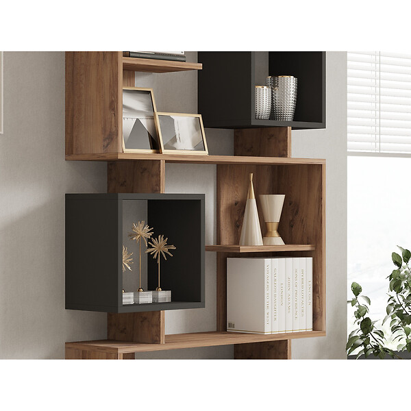 CONCEPT USINE - Bibliothèque design asymétrique 172cm effet bois et gris anthracite NALY - large