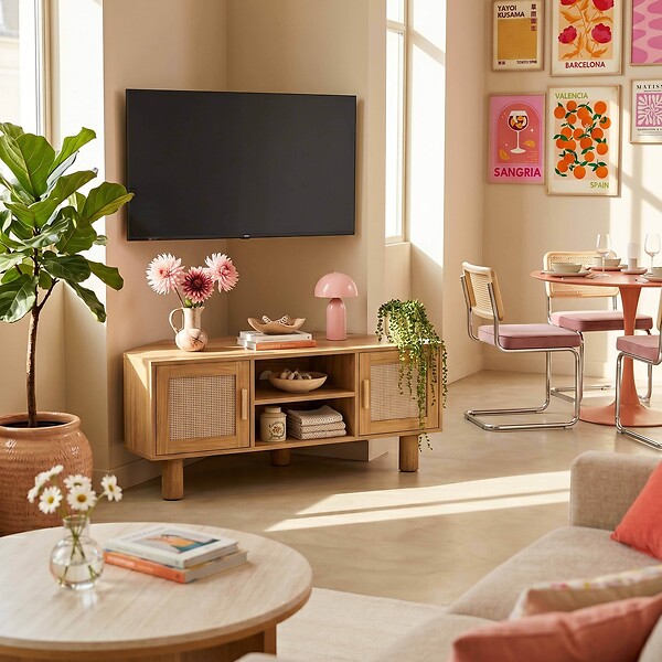 OVIALA - Meuble TV d'angle 120cm en rotin synthétique scandinave bois clair  - Adam - large