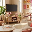 OVIALA - Meuble TV d'angle 120cm en rotin synthétique scandinave bois clair  - Adam - vignette