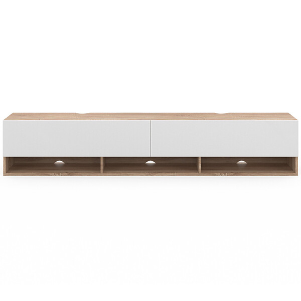 ID MARKET - Meuble TV 180 cm suspendu ELIO 2 portes avec étagère bois et blanc - large