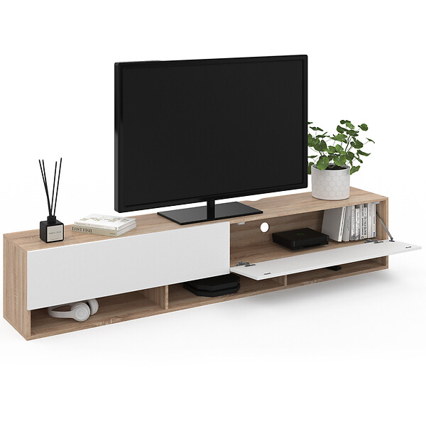 ID MARKET - Meuble TV 180 cm suspendu ELIO 2 portes avec étagère bois et blanc - large