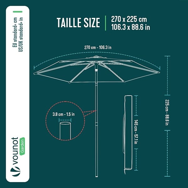 VOUNOT - Parasol de jardin inclinable avec aeration et sac bandouliere 270cm gris - large