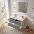 KIAMAMI VALENTINA - Meuble De Salle De Bain Suspendu 90 Cm Avec 2 Tiroirs Chêne Well Et Façades Gris Anthracite, Vasque, Miroir Et Lampe | Budapest - vignette