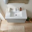 KIAMAMI VALENTINA - Meuble De Salle De Bain Suspendu 90 Cm Avec 2 Tiroirs Chêne Well Et Façades Gris Anthracite, Vasque, Miroir Et Lampe | Budapest - vignette