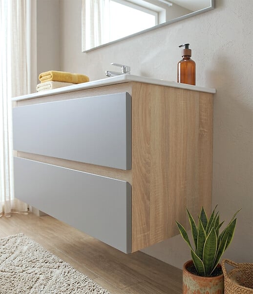 KIAMAMI VALENTINA - Meuble De Salle De Bain Suspendu 90 Cm Avec 2 Tiroirs Chêne Well Et Façades Gris Anthracite, Vasque, Miroir Et Lampe | Budapest - large