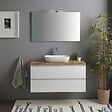 KIAMAMI VALENTINA - Meuble De Salle De Bain Suspendu 100 Cm Blanc Brillant Avec Plateau Chêne Naturel Et Miroir | Benaco - vignette