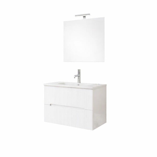 KIAMAMI VALENTINA - Meuble De Salle De Bain Suspendu 60Cm Blanc Façade Cannelée Avec Lavabo | Magnolia - large