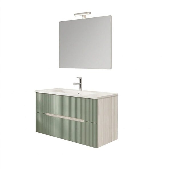 KIAMAMI VALENTINA - Meuble De Salle De Bain Suspendu 100Cm Chêne Givré Et Vert Sauge | Magnolia - large