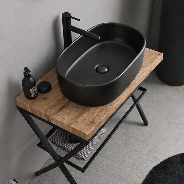 KIAMAMI VALENTINA - Chevalet Métallique Noir Avec Étagère En Verre, Plateau Chêne, Miroir 60X80 Et Lampe | Manchester - large