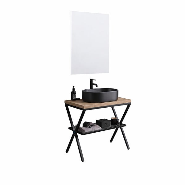 KIAMAMI VALENTINA - Chevalet Métallique Noir Avec Étagère En Verre, Plateau Chêne, Miroir 60X80 Et Lampe | Manchester - large